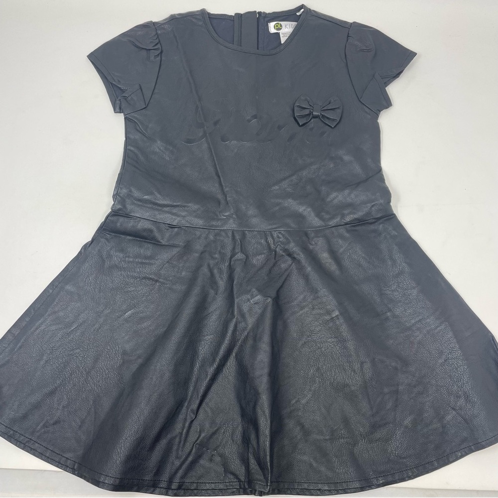 Kids Black Pleather Short Sleeve Skater Girl Glam Bow Dress Size 3